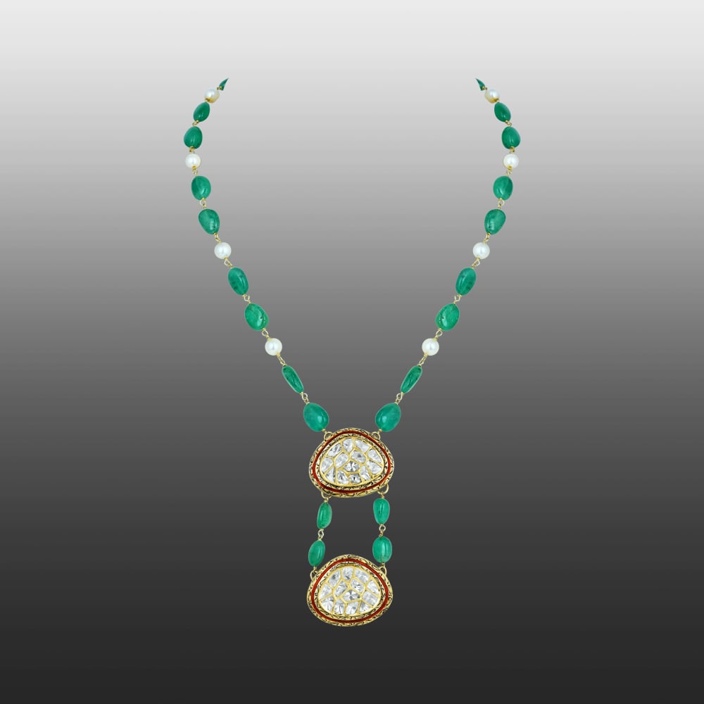 Emerald and Pearl Necklace with Dual Polki Pendants